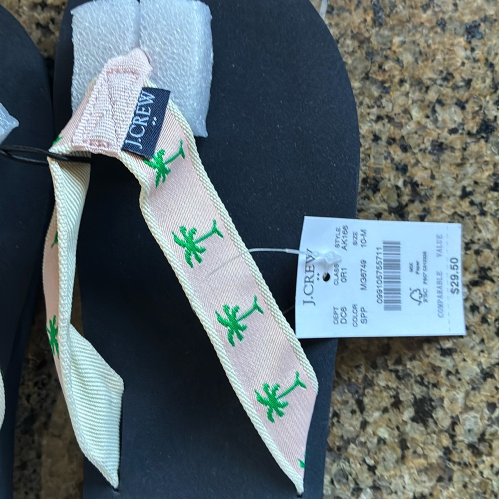 J.Crew Black and Pink Palm Tree Flip Flops